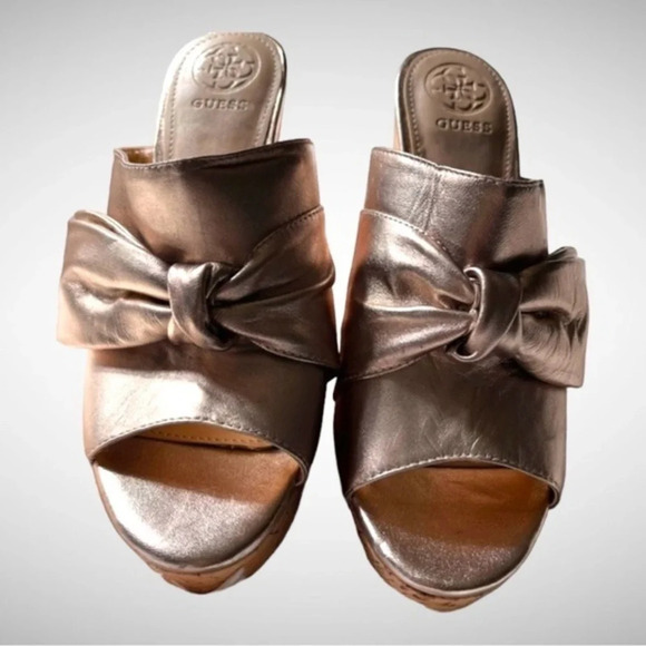 GUESS Gold Hotlove Leather Open Toe Platform Wedge Sandals | Size 7 - Picture 2 of 6